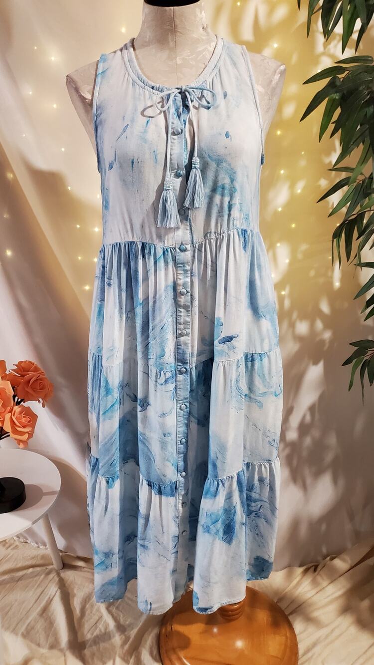 Soft Surroundings Wailana Tiered Button Tassel Tie Dye Maxi Dress Sz PS Pockets